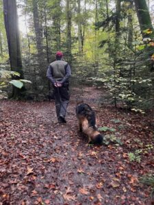 Ein Mann und sein Schäferhund laufen auf einem Waldweg