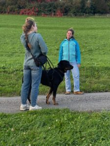 Intensivtraining: Linda und eine Frau unterhalten sich im Stehen, während der Hund an der Schleppleine nach rechts schaut
