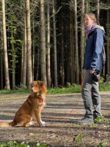 Eine Frau steht auf einem Waldweg, ihr Hund sitzt an der Leine daneben, beide schauen in die gleiche Richtung